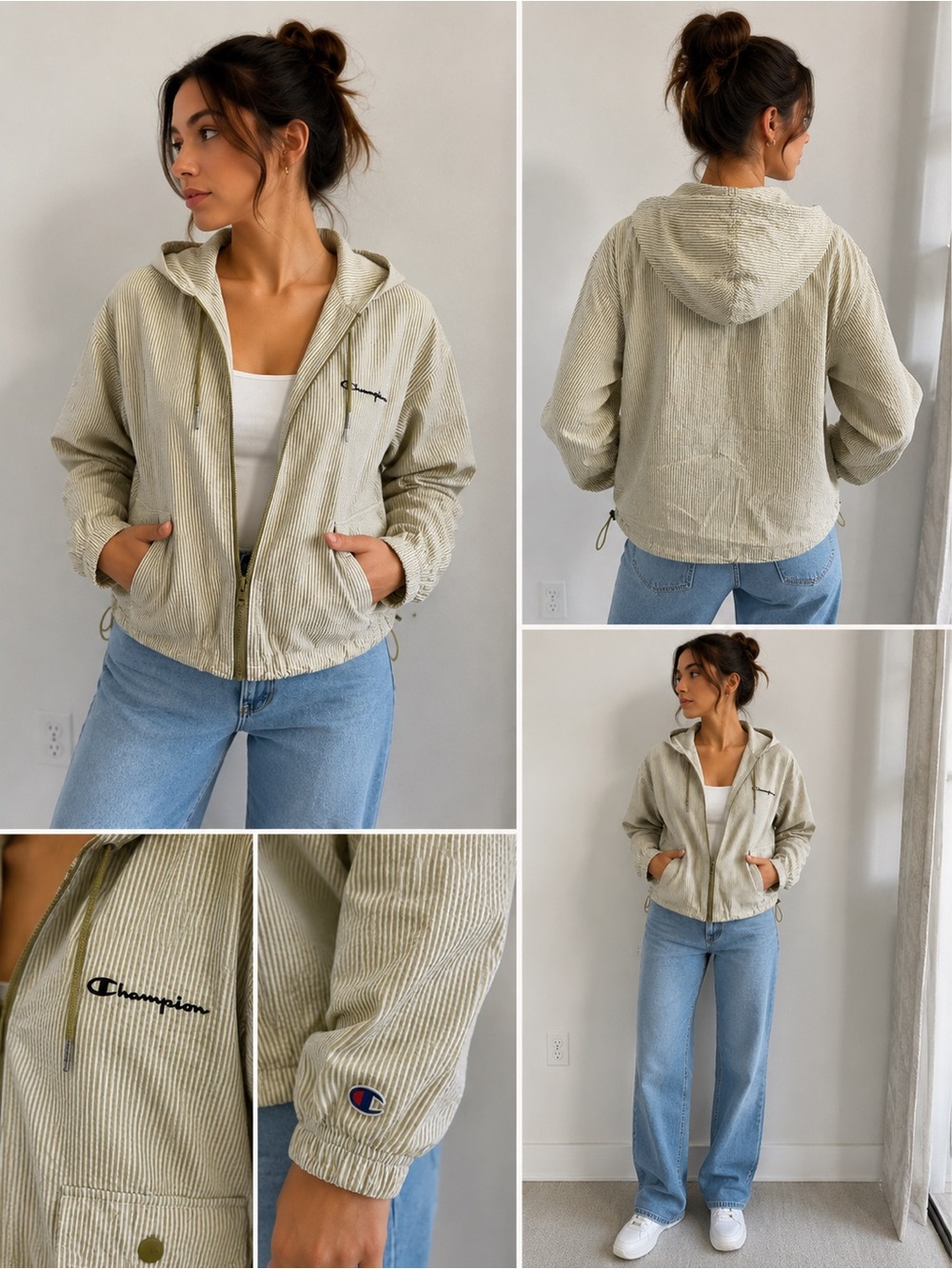 Champion Striped Zip Hoodie Lightweight Jacket Sage Green